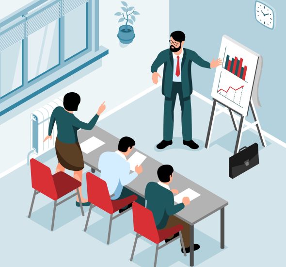 Corporate meeting isometric background with manager presenting project startup to business team vector illustration