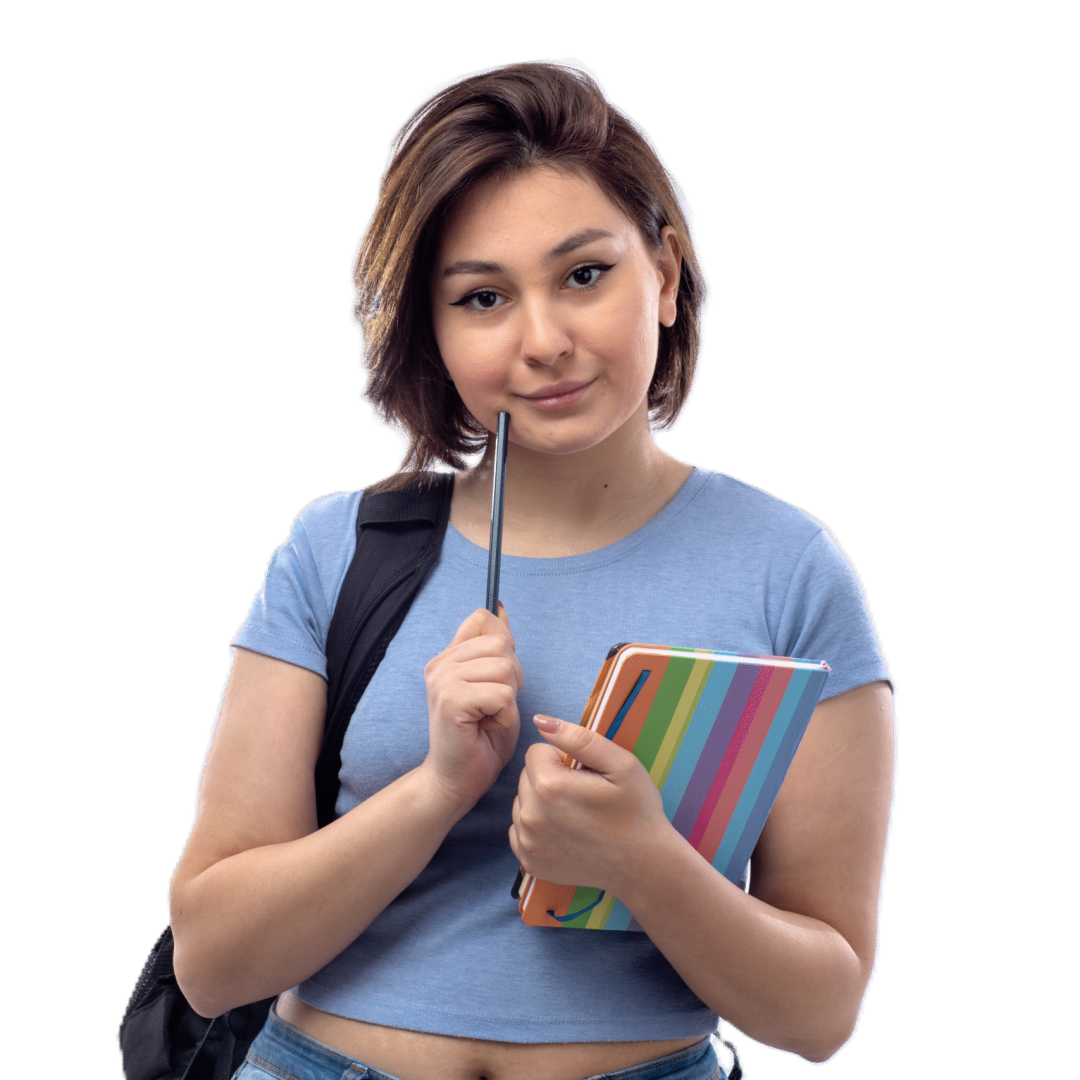 young-woman-blue-shirt-black-backpack-holding-copybook
